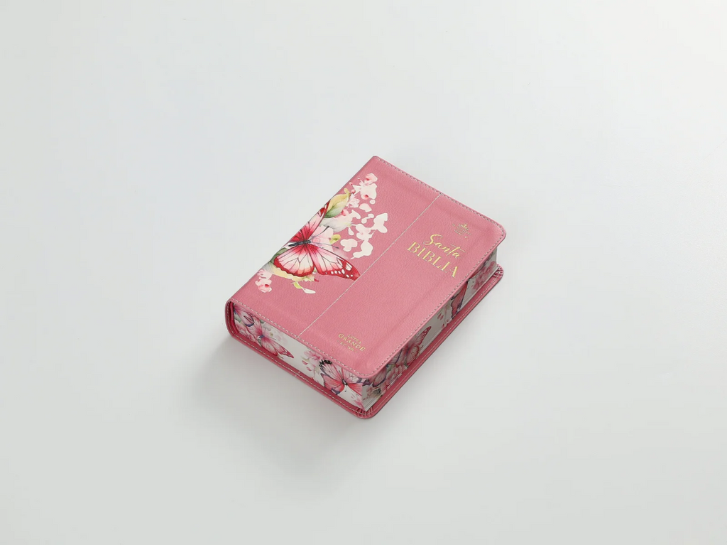 Biblia mediana, letra grande 12 puntos  cierre, índice, canto pintado, rosa mariposa