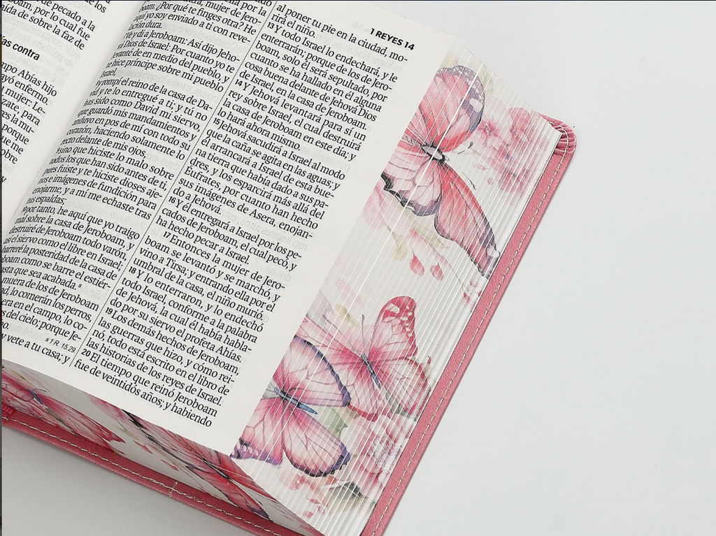 Biblia mediana, letra grande 12 puntos  cierre, índice, canto pintado, rosa mariposa