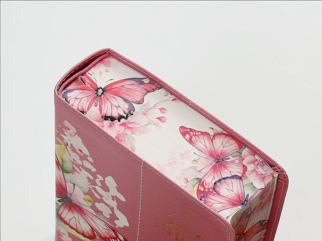 Biblia mediana, letra grande 12 puntos  cierre, índice, canto pintado, rosa mariposa
