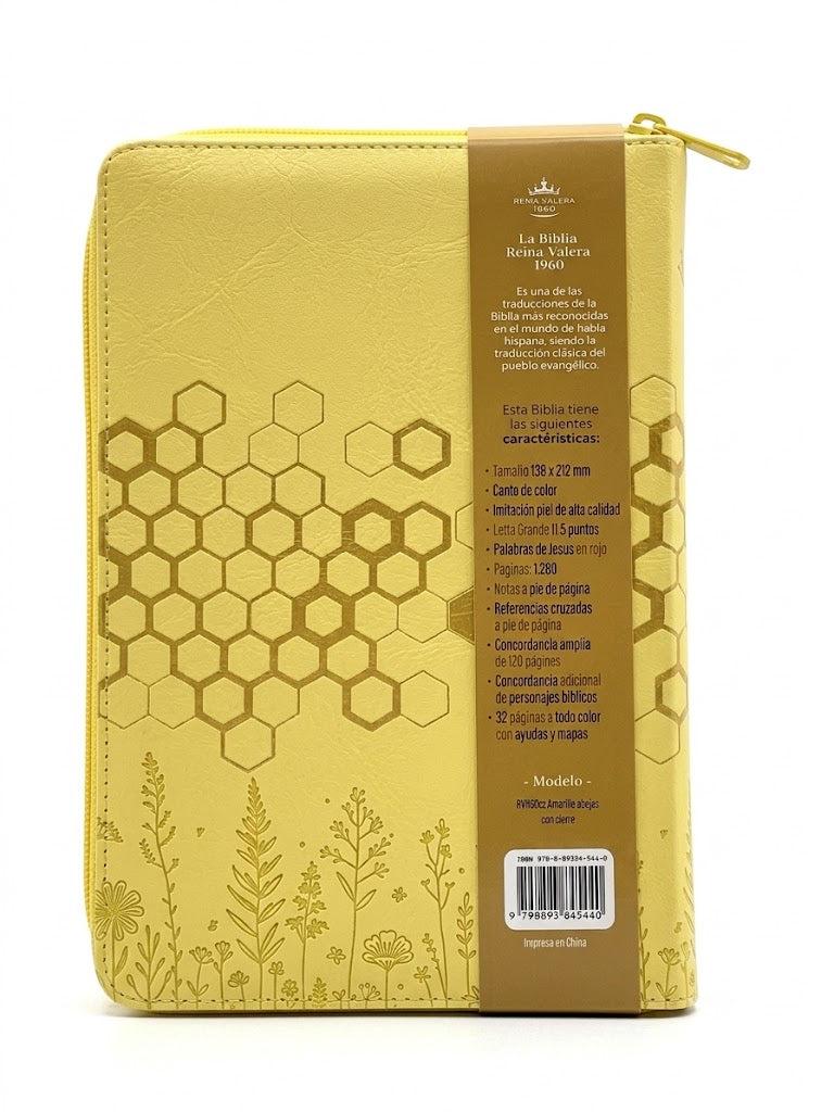 Biblia RVR1960cz Obsequios y Premios Imitación Piel Amarillo Abejas Con Cierre