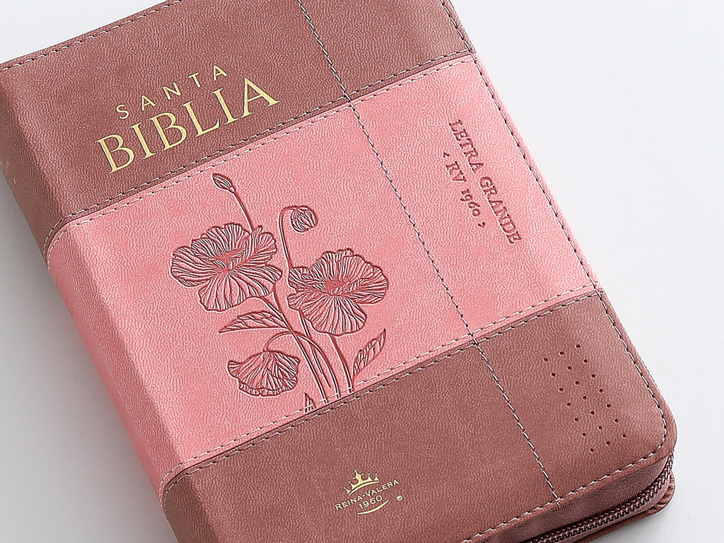 Biblia mediana, letra grande 12 puntos  cierre, índice, canto dorado, coral rosa