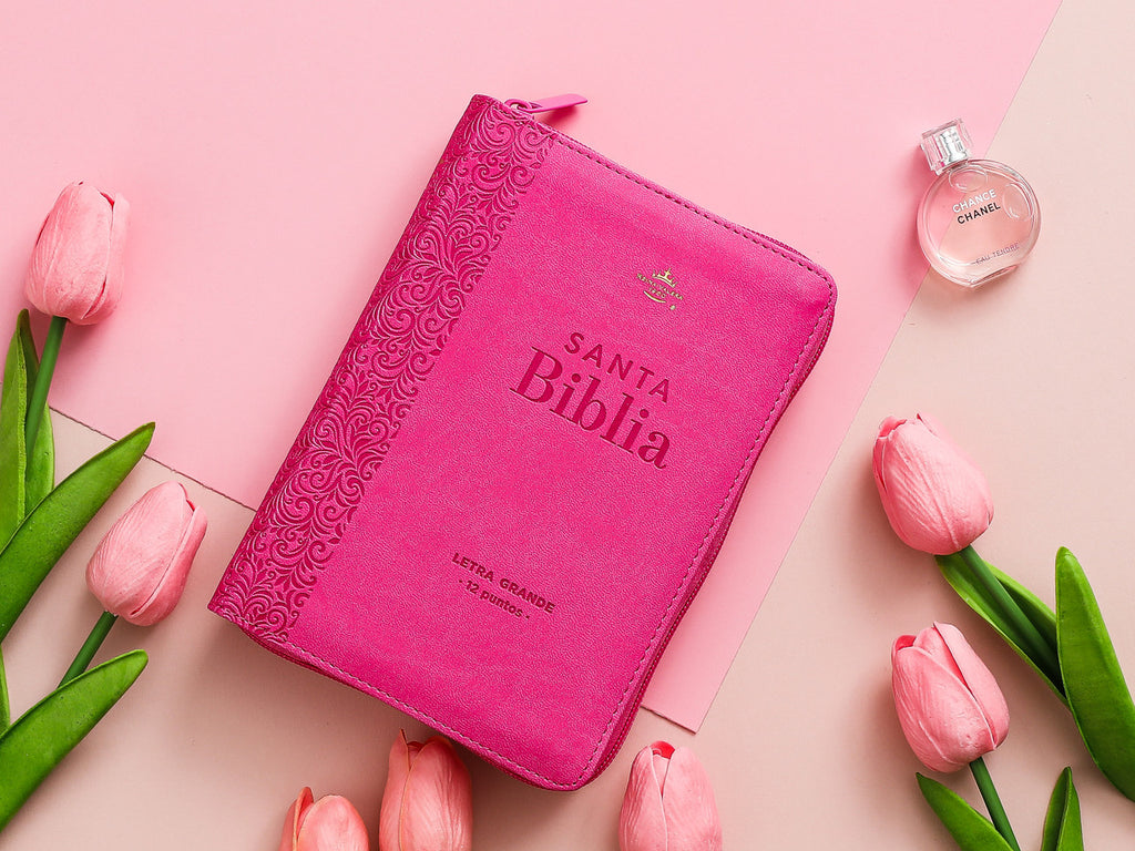 Biblia Mediana con Cierre Letra Grande 12 puntos RV1960, imitación piel fucsia floral