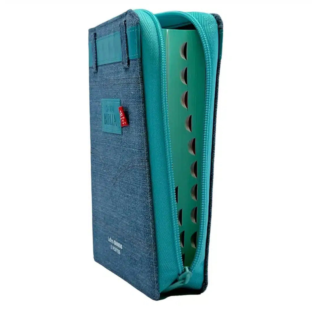 Biblia RVR 60 – tamaño portátil – Cubierta tela jean con cinturón piel turquesa