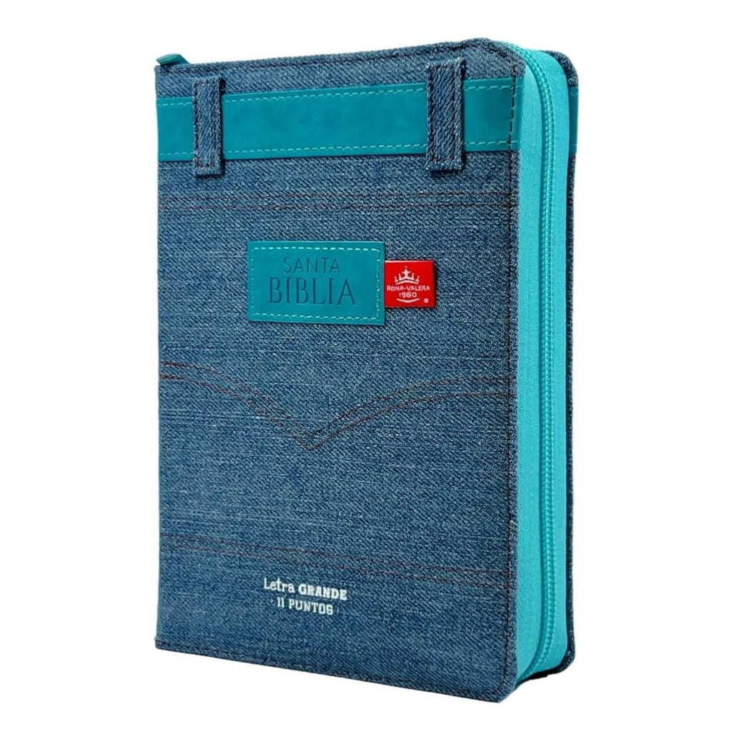 Biblia RVR 60 – tamaño portátil – Cubierta tela jean con cinturón piel turquesa