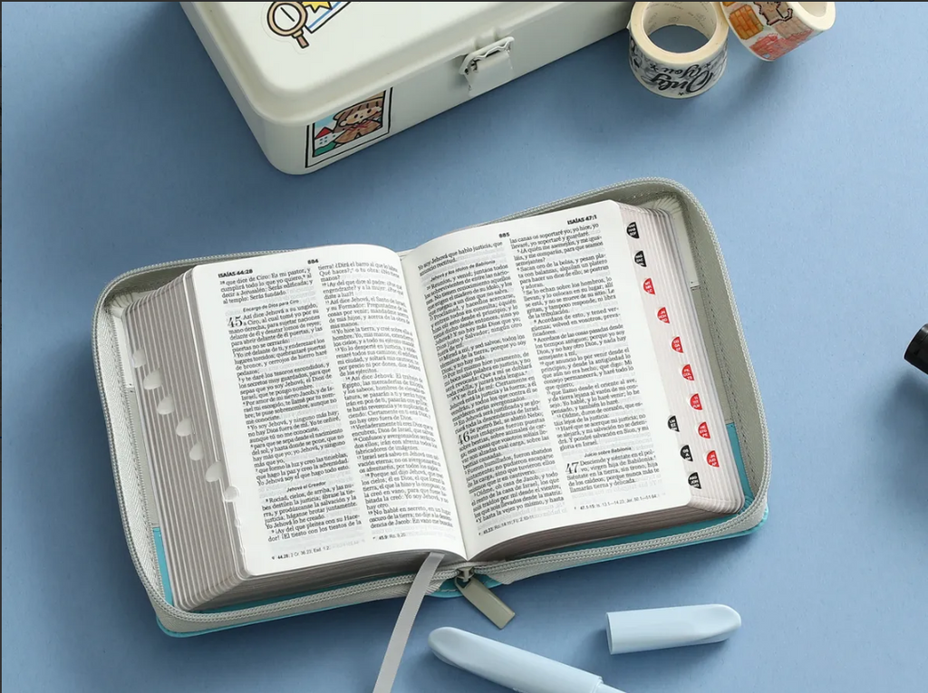 Biblia chica concordancia cierre índice, canto palteado Gris / Turquesa