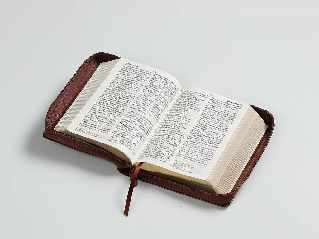 Biblia mediana con concordancia cierre canto dorado café oscuro