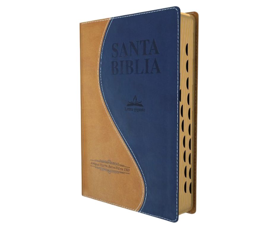 Biblia RVR1909 Letra Gigante, Dúo Tono Marrón Azul Obscuro, Imitación Piel, Con Índice, Canto Dorado