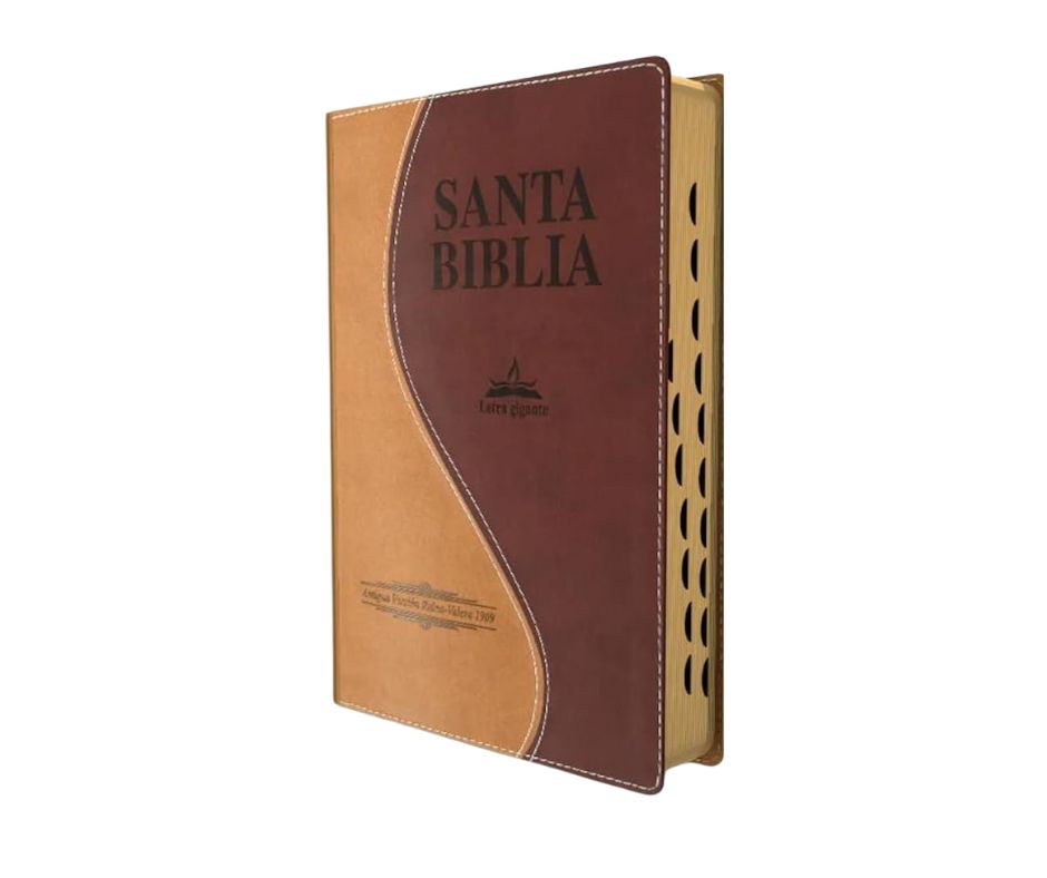 Biblia RVR1909 Letra Gigante, Dúo Tono Marrón café, Imitación Piel, Con Índice, Canto Dorado (copia)