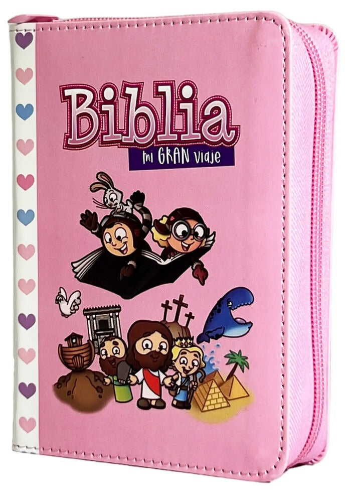 Biblia Reina Valera 1960 para niños Mi gran viaje. Tamaño bolsillo Imitación Piel rosa con cierre.