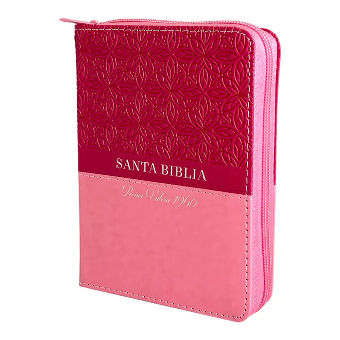 Biblia Reina Valera 1960 de bolsillo Imitación Piel Rosa/Rosa con flores. Cierre e índice.Colección bifloral.