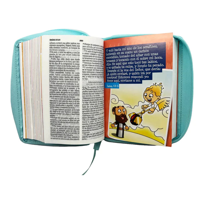 Biblia Reina Valera 1960 para niños Mi gran viaje. Tamaño bolsillo Imitación Piel azul con cierre.
