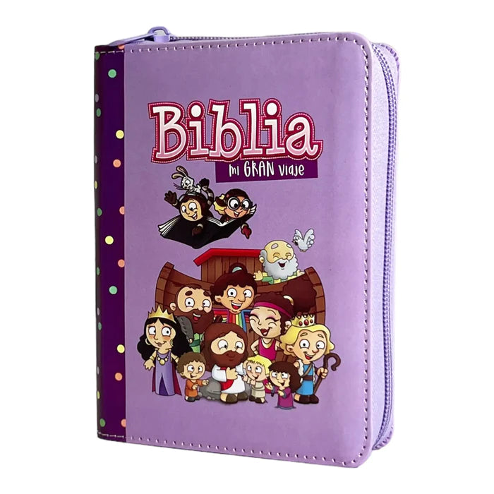 Biblia Reina Valera 1960 para niños Mi gran viaje. Tamaño bolsillo Imitación Piel lila con cierre.