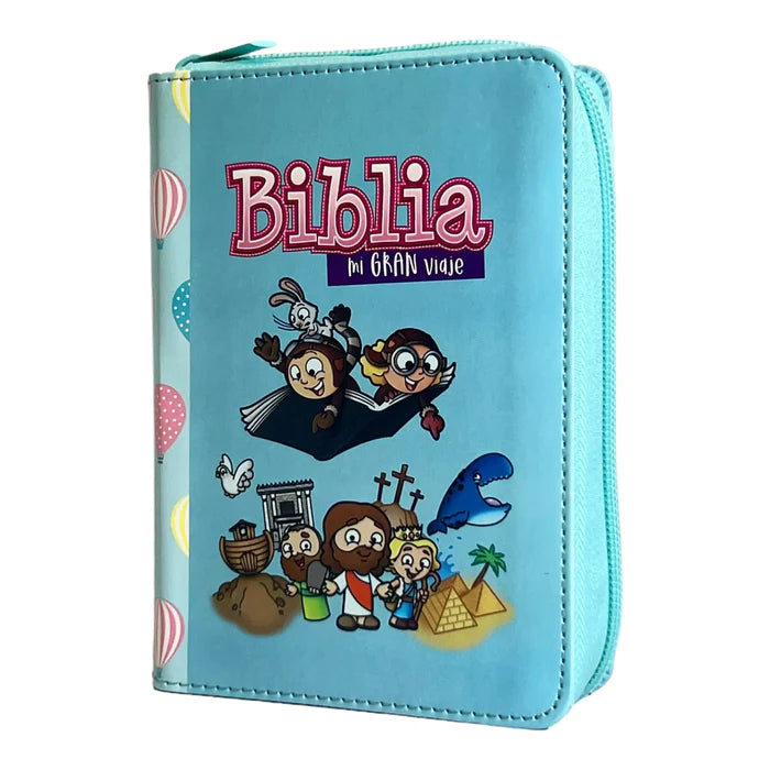 Biblia Reina Valera 1960 para niños Mi gran viaje. Tamaño bolsillo Imitación Piel turquesa con cierre.