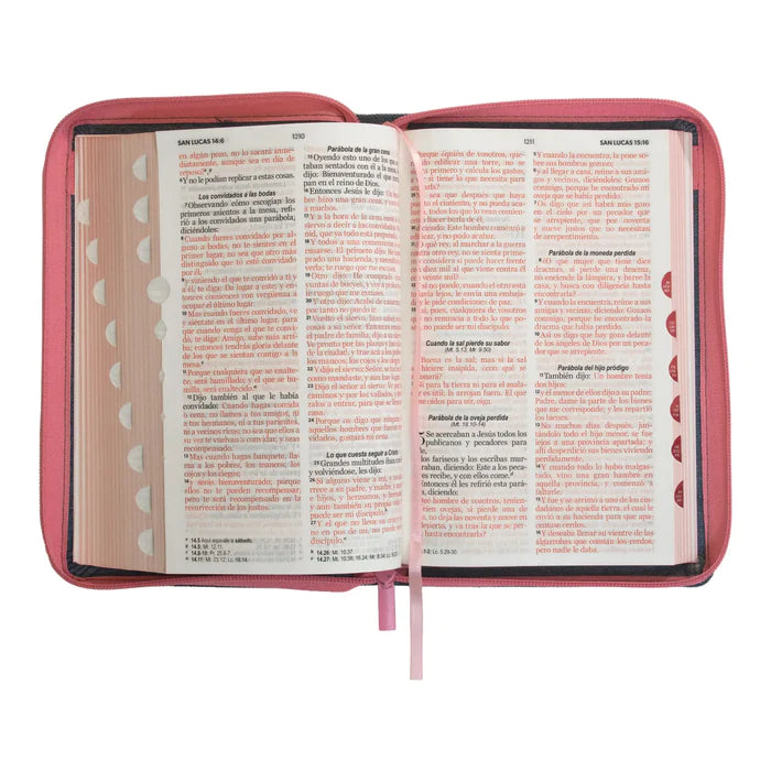 Biblia Reina Valera 1960 tamaño manual letra grande 12 puntos cubierta tela jean con cinturón de piel rosa con cierre y con índice. Colección Jean.