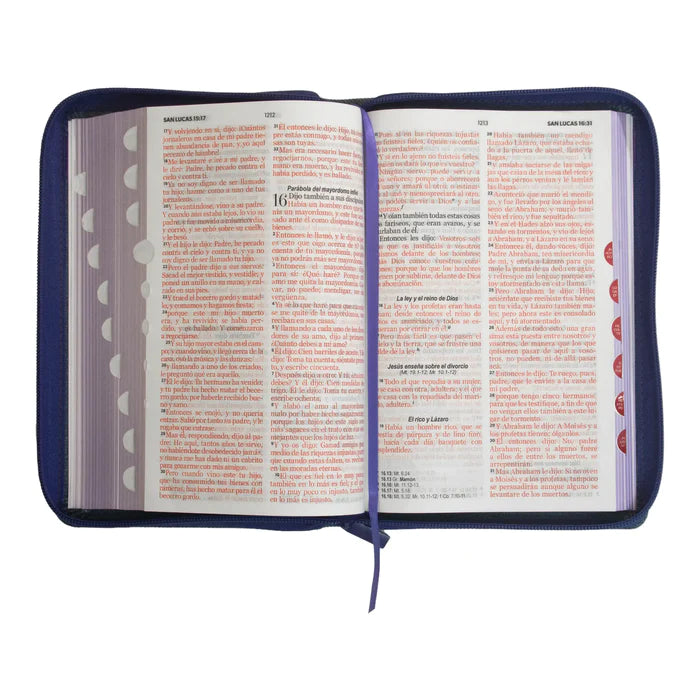 Biblia Reina Valera 1960 tamaño manual letra grande 12 puntos cubierta tela jean con cinturon de piel lila con cierre y con índice. Colección Jean.