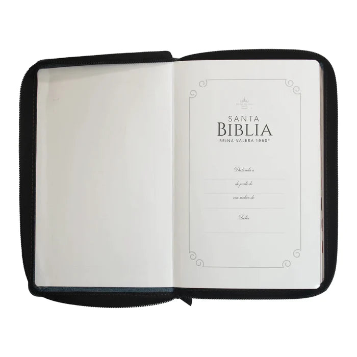 Biblia Reina Valera 1960 tamaño manual letra grande 12 puntos cubierta tela jean con cinturon de piel negra con cierre y con índice. Colección Jean.