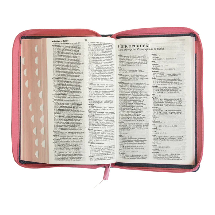 Biblia Reina Valera 1960 tamaño manual letra grande 12 puntos cubierta tela jean con cinturón de piel rosa con cierre y con índice. Colección Jean.