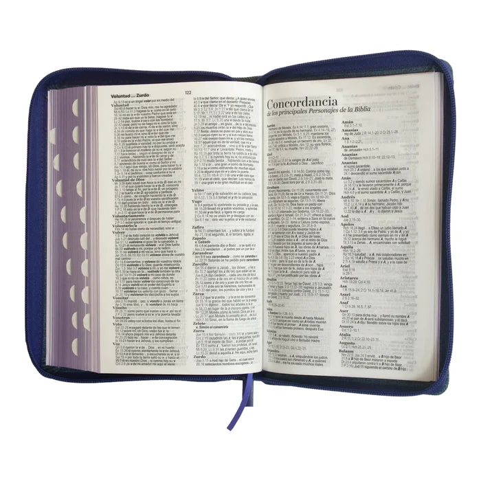 Biblia Reina Valera 1960 tamaño manual letra grande 12 puntos cubierta tela jean con cinturon de piel lila con cierre y con índice. Colección Jean.