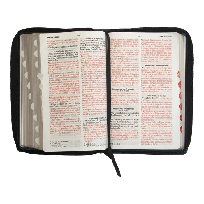 Biblia Reina Valera 1960 tamaño manual letra grande 12 puntos cubierta tela jean con cinturon de piel negra con cierre y con índice. Colección Jean.