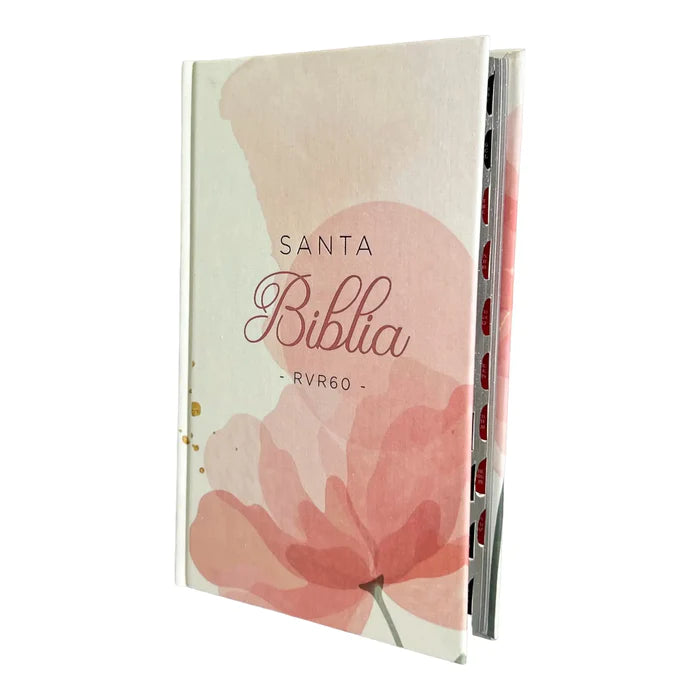 Biblia Reina Valera 1960 tamaño manual Letra Grande 12 puntos. Versículos seguidos. Tela sobre tapa dura. Diseño Flores rosa con índice
