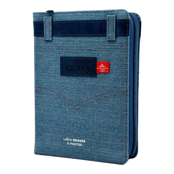 Biblia Tela Jean con Cierre Compacta 11 puntos RV1960 cinturón azul con índice