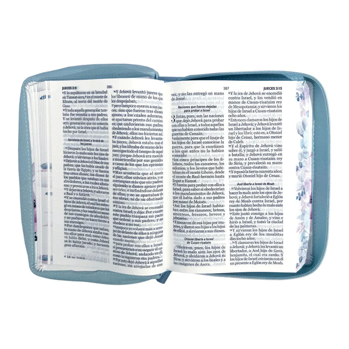 Biblia Reina Valera 1960 tamaño portátil Letra Grande 11 puntos Imitación Piel celeste. Con cierre. Canto pintado. Colección Primaveral.