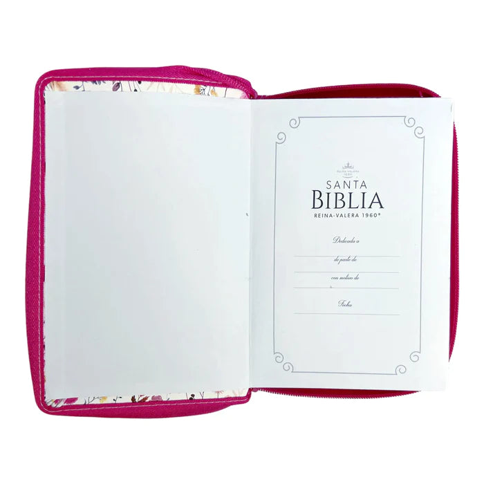 Biblia Reina Valera 1960 tamaño portátil Letra Grande 11 puntos Imitación Piel rosa oscuro. Con cierre. Canto pintado. Colección Primaveral.