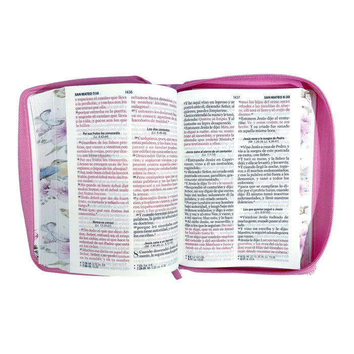 Biblia Reina Valera 1960 tamaño portátil Letra Grande 11 puntos Imitación Piel rosa. Con cierre. Canto pintado. Colección Primaveral.