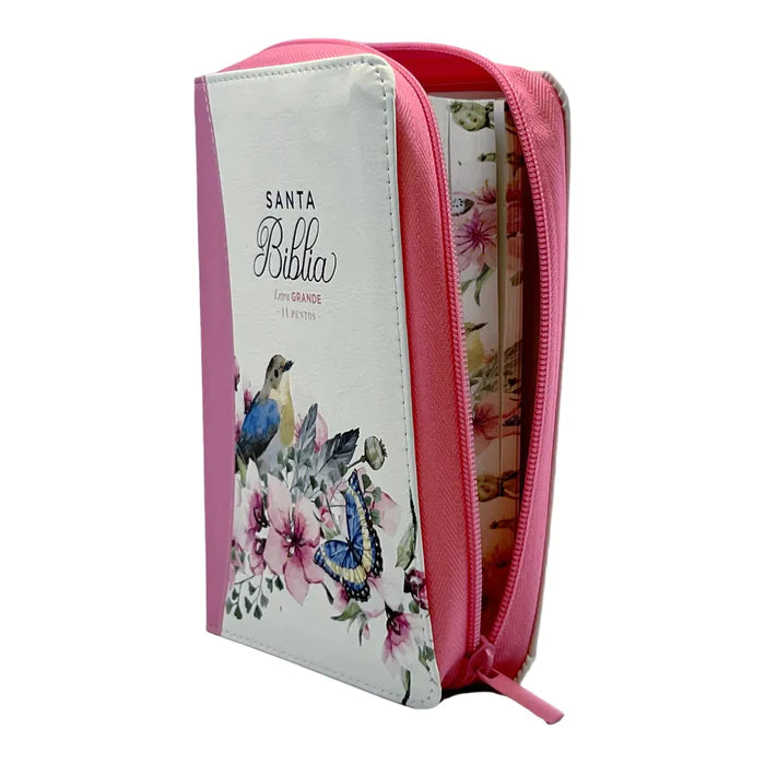 Biblia Reina Valera 1960 tamaño portátil Letra Grande 11 puntos Imitación Piel rosa. Con cierre. Canto pintado. Colección Primaveral.