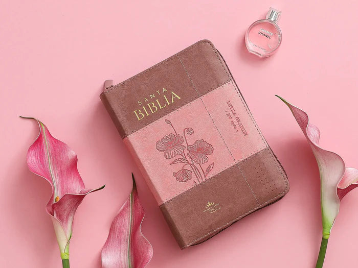 Biblia mediana, letra grande 12 puntos  cierre, índice, canto dorado, coral rosa