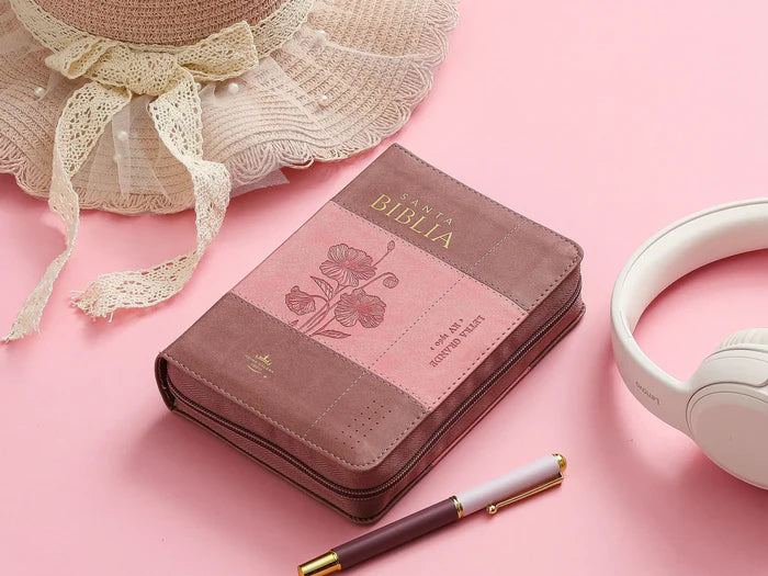 Biblia mediana, letra grande 12 puntos  cierre, índice, canto dorado, coral rosa