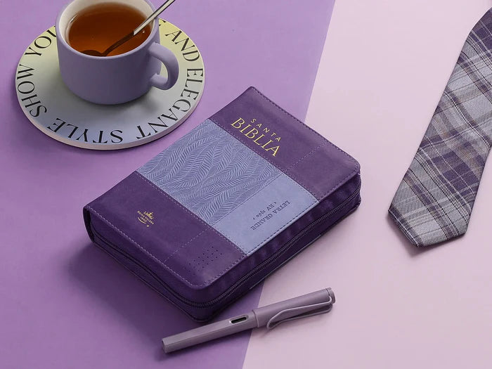 Biblia mediana, letra grande 12 puntos  cierre, índice, canto pintado, bicolor morado