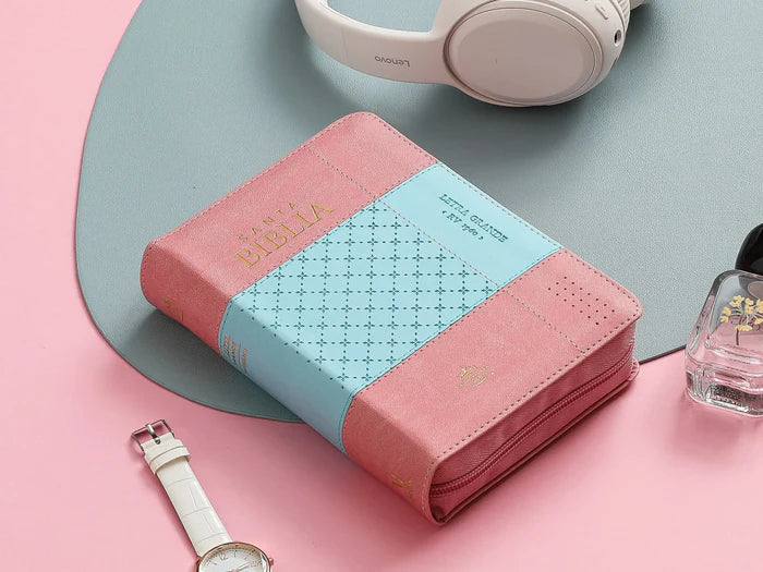 BIBLIA GRANDE CON CIERRE BICOLOR ROSA/AZUL