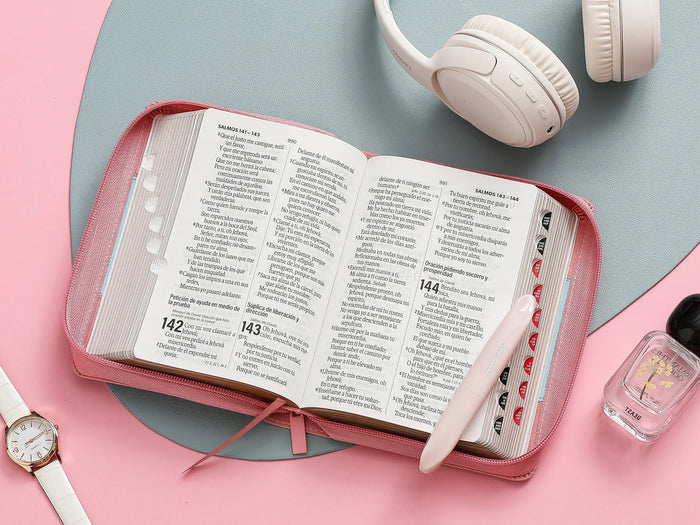 BIBLIA GRANDE CON CIERRE BICOLOR ROSA/AZUL