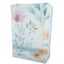 Biblia mediana, letra grande 12 puntos  cierre, índice, canto pintado, Flores azul
