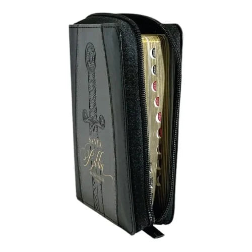 Biblia mediana con concordancia cierre índice canto dorado negro con gris
